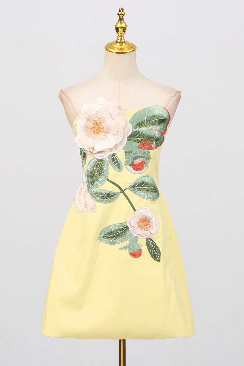 Strapless Yellow 3D Floral A-line Short Dress