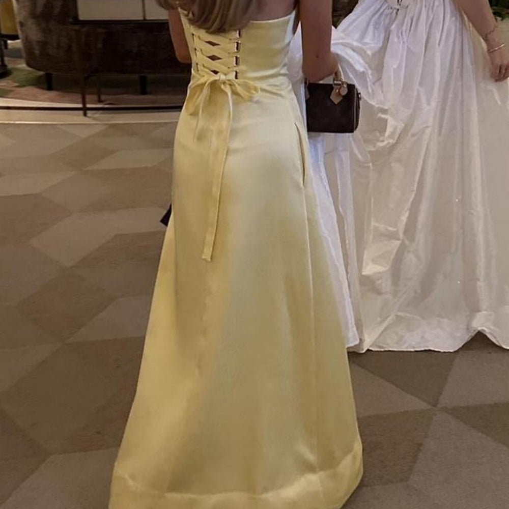 
                      
                        Strapless Yellow A-line Satin Long Dress with Pockets
                      
                    