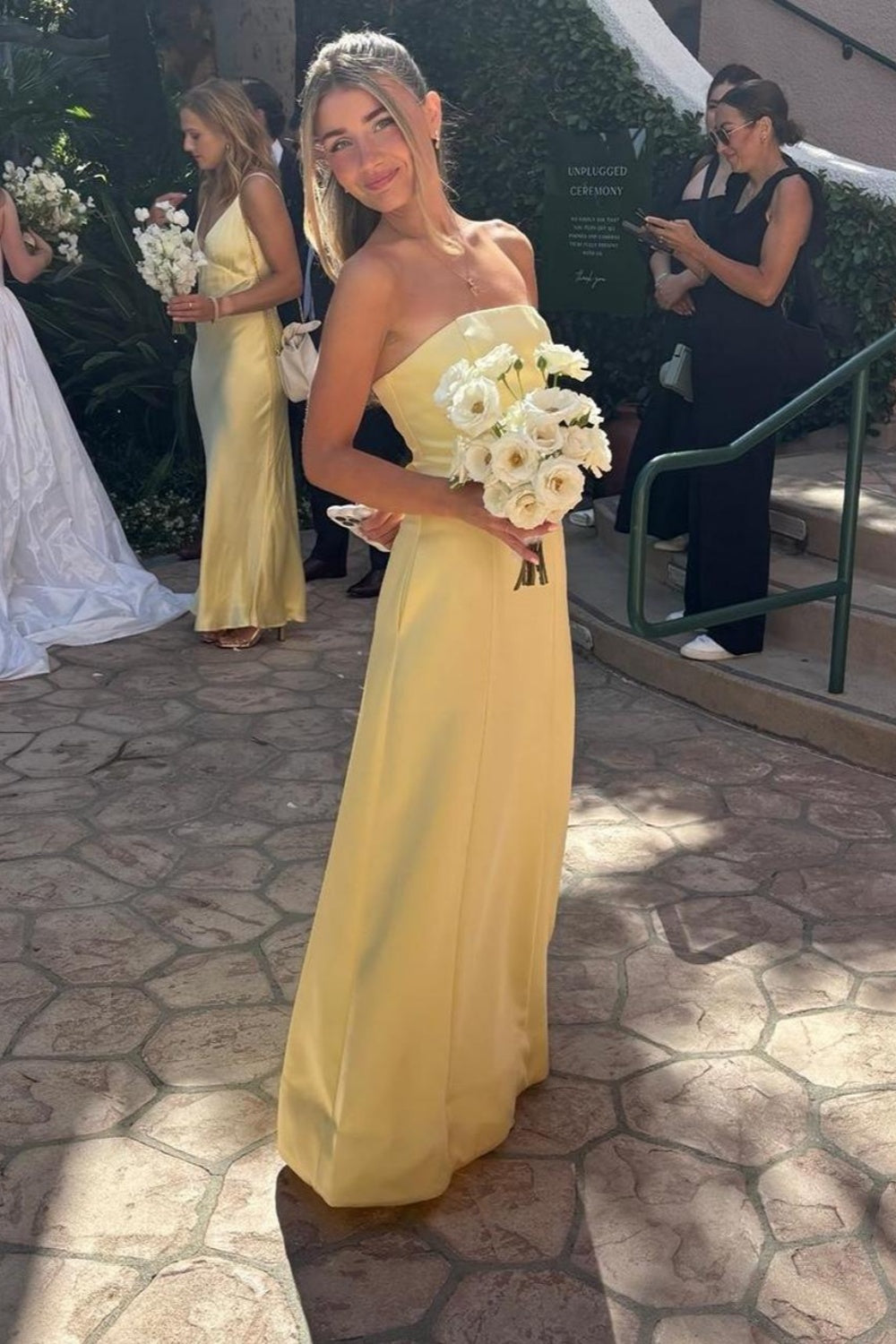 Strapless Yellow A-line Satin Long Dress with Pockets
