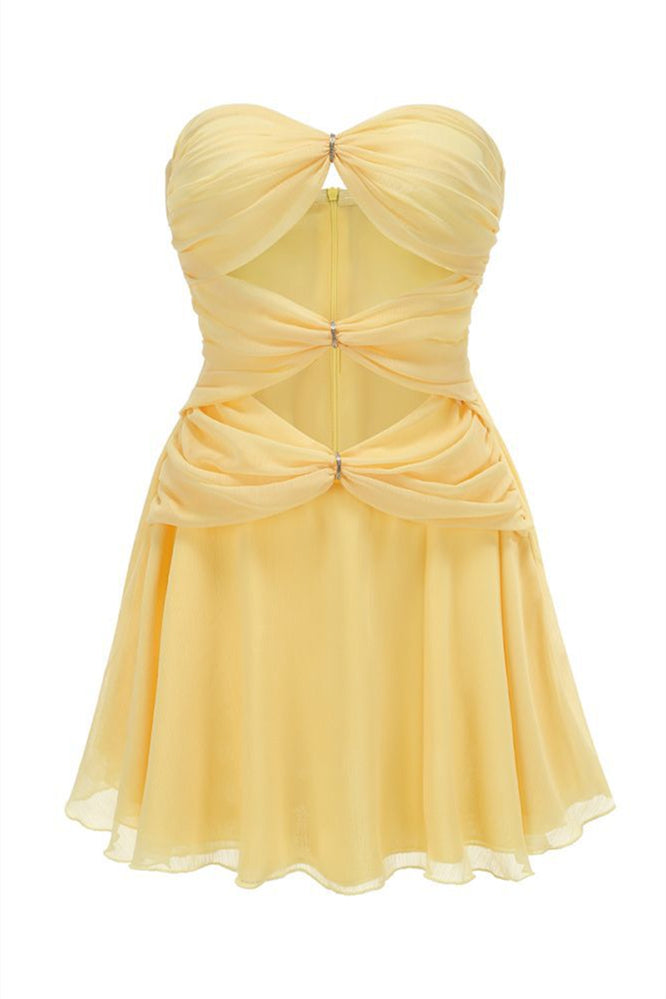 Strapless Yellow A-line Short Dress with Keyhole