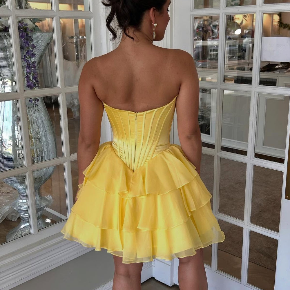 Strapless Yellow Appliques Neck Tiered Short Dress – PollyBoutique