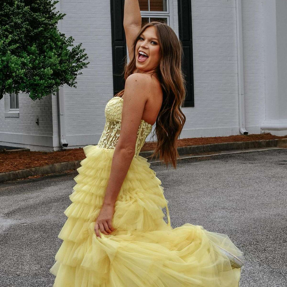 
                      
                        Strapless Yellow Appliques Ruffle Tiered Long Dress
                      
                    