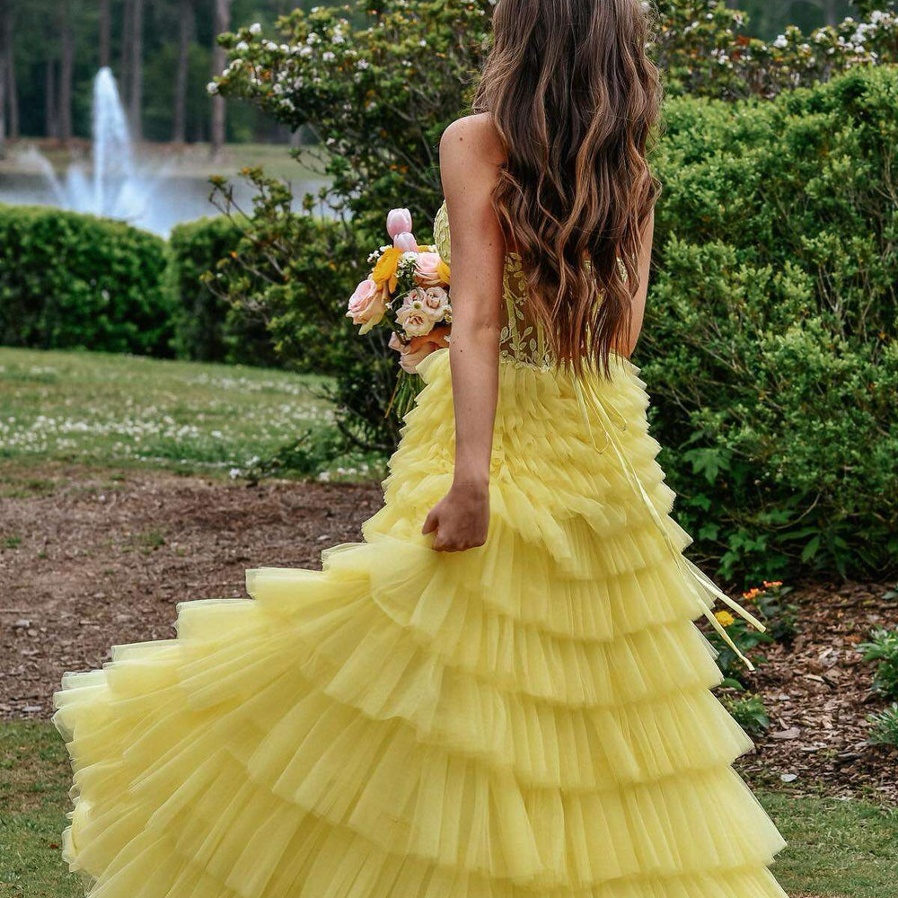 Yellow Cart Ruffle Strapless Yellow Appliques Ruffle Tiered Long Dress – PollyBoutique