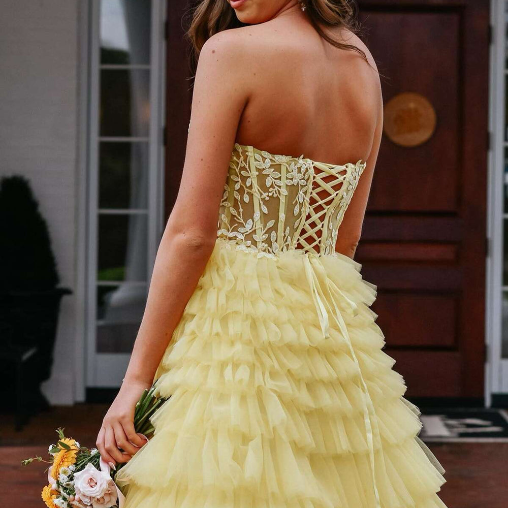 
                      
                        Strapless Yellow Appliques Ruffle Tiered Long Dress
                      
                    