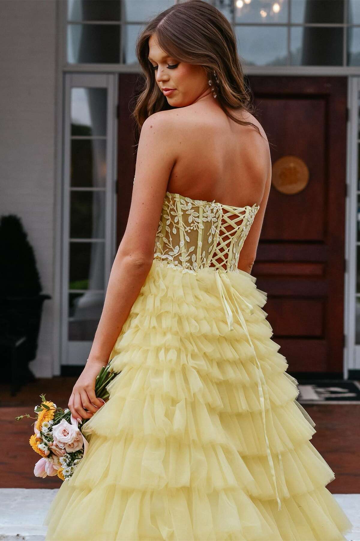 Strapless Yellow Appliques Ruffle Tiered Long Dress PollyBoutique Strapless Yellow Appliques Ruffle Tiered Long Dress PollyBoutique