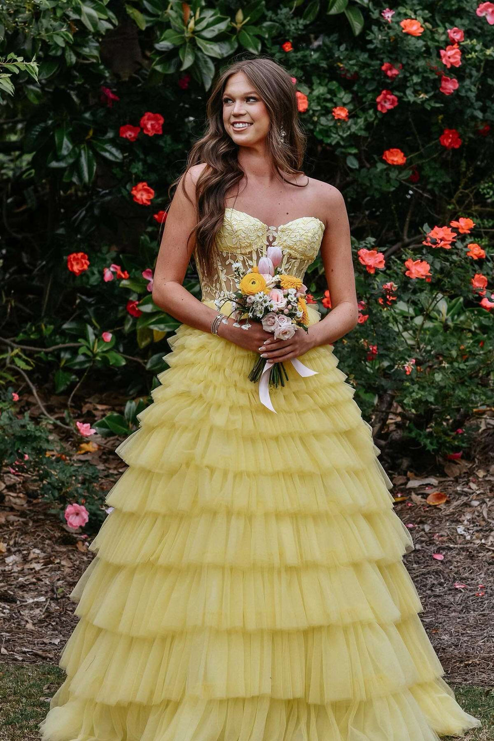 Strapless Yellow Appliques Ruffle Tiered Long Dress