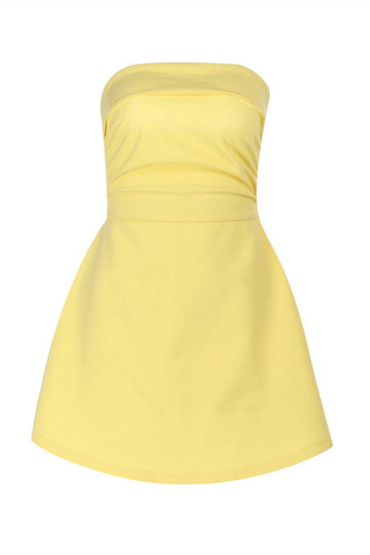 Strapless Yellow Back Tie A-line Short Dress