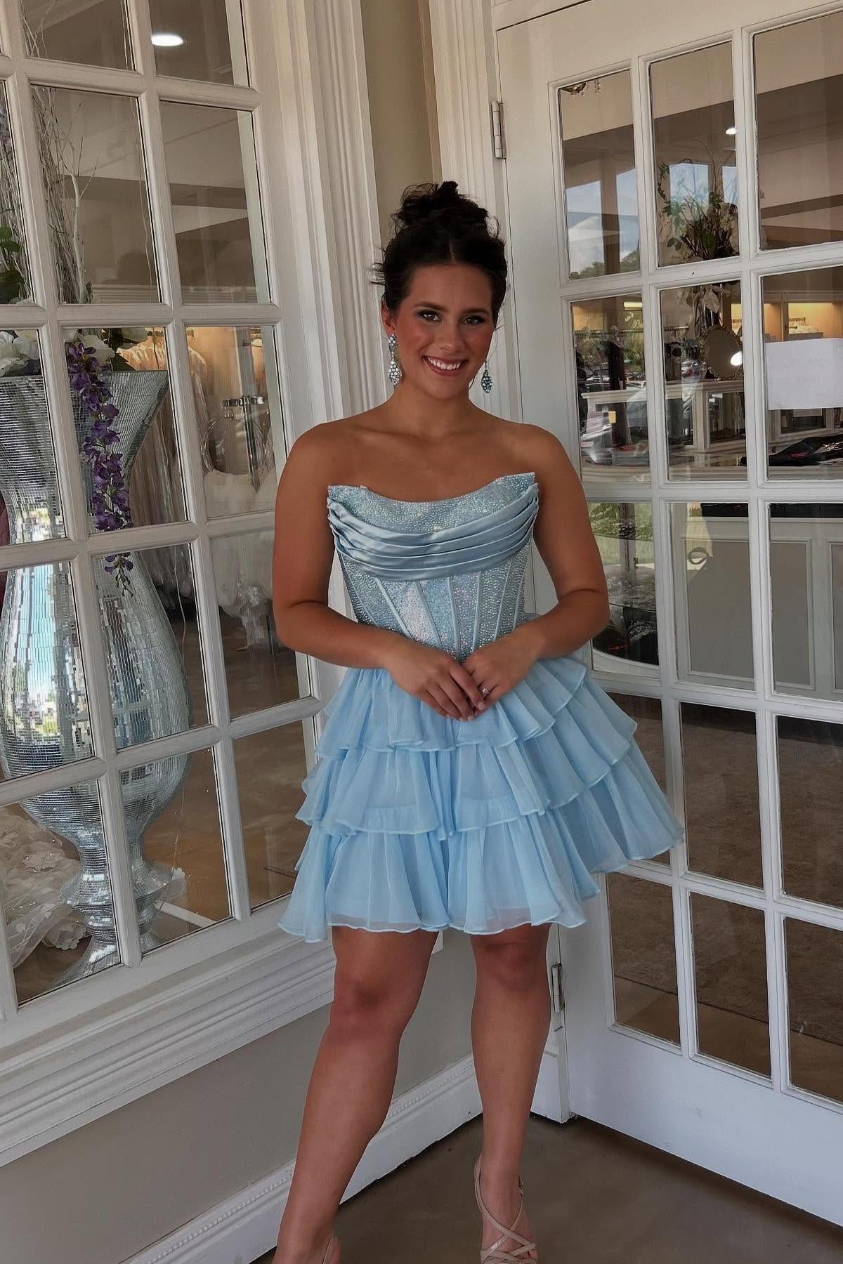 Strapless Yellow Beaded Tiered Short Dress PollyBoutique Strapless Yellow Beaded Tiered Short Dress PollyBoutique