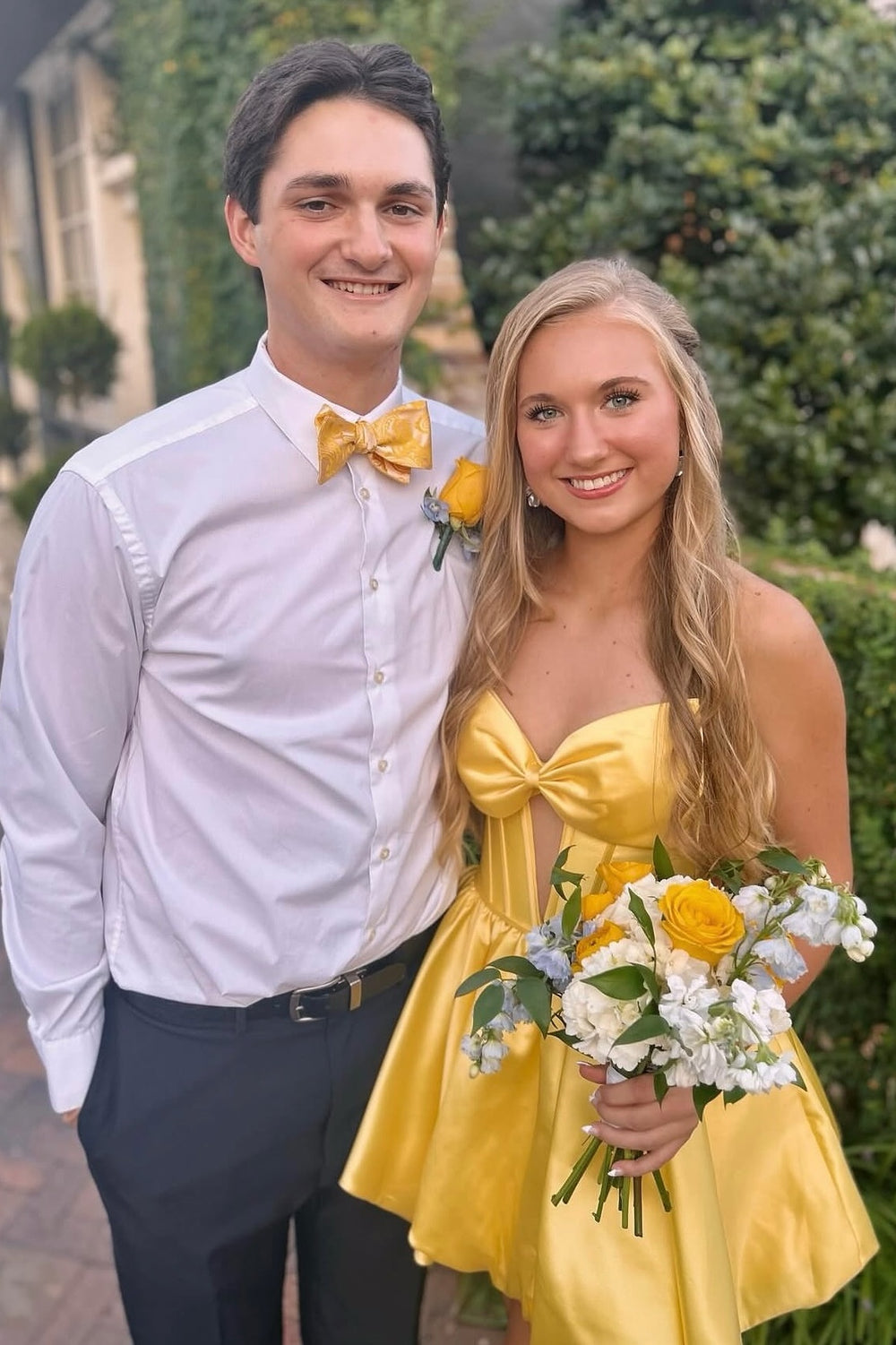Strapless Yellow Bow Front A-line Short Dress