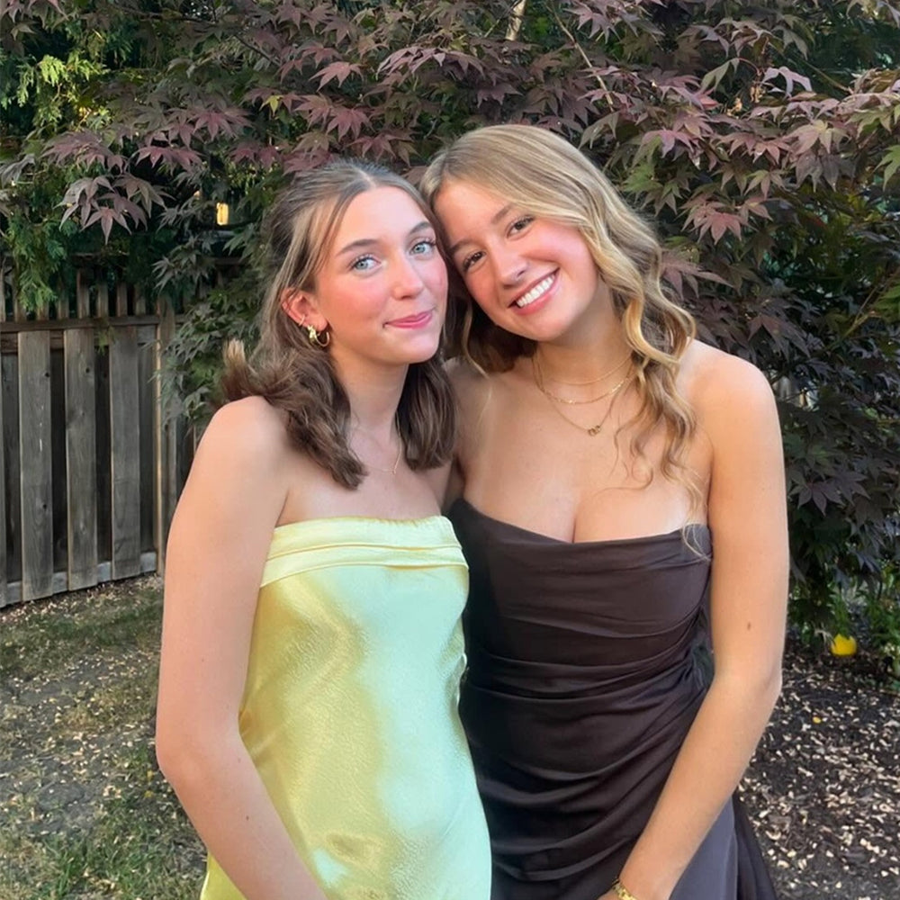 
                      
                        Strapless Yellow Cowl Back Satin Short Dress
                      
                    