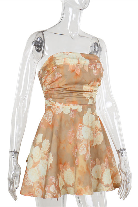 
                      
                        Strapless Yellow Floral Print Back Tie Short Dress
                      
                    