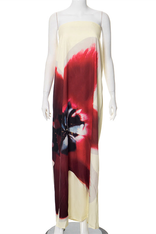
                      
                        Strapless Yellow Floral Print Open Back Long Dress
                      
                    