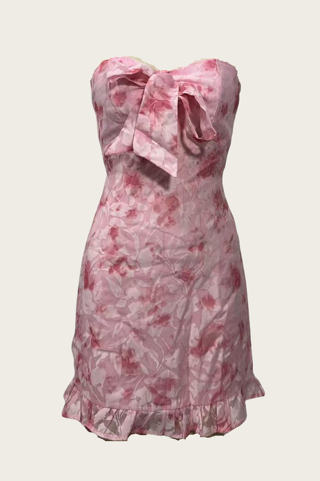 
                      
                        Strapless Yellow Floral Print Short Dress with Bow
                      
                    