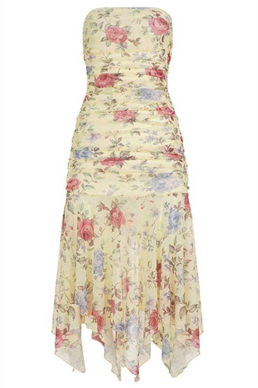 Strapless Yellow Irregular Hem Floral Print Maxi Dress