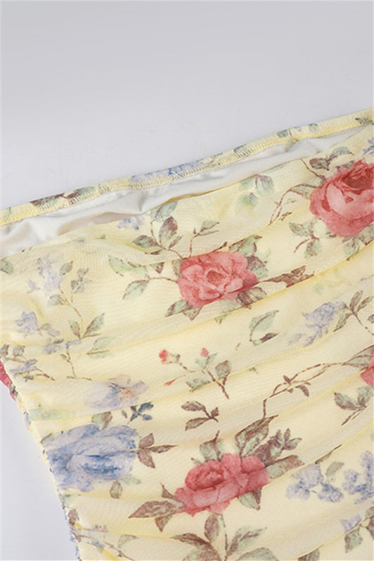 
                      
                        Strapless Yellow Irregular Hem Floral Print Maxi Dress
                      
                    