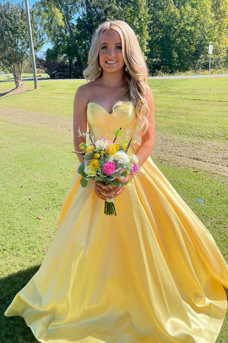 Strapless Yellow Pleated A-line Long Dress PollyBoutique Strapless Yellow Pleated A-line Long Dress PollyBoutique