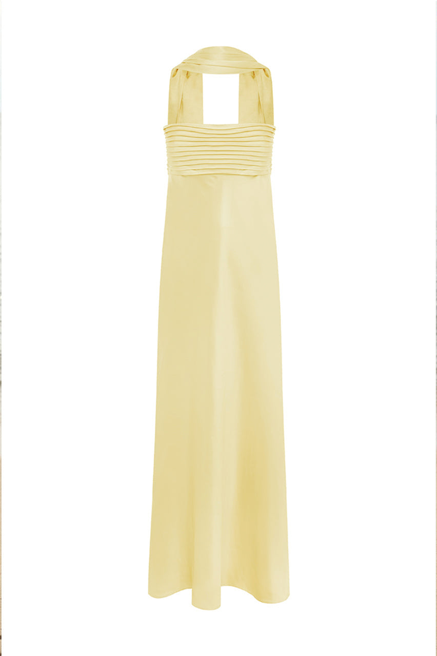 Strapless Yellow Pleated A-line Maxi Dress with Scarf