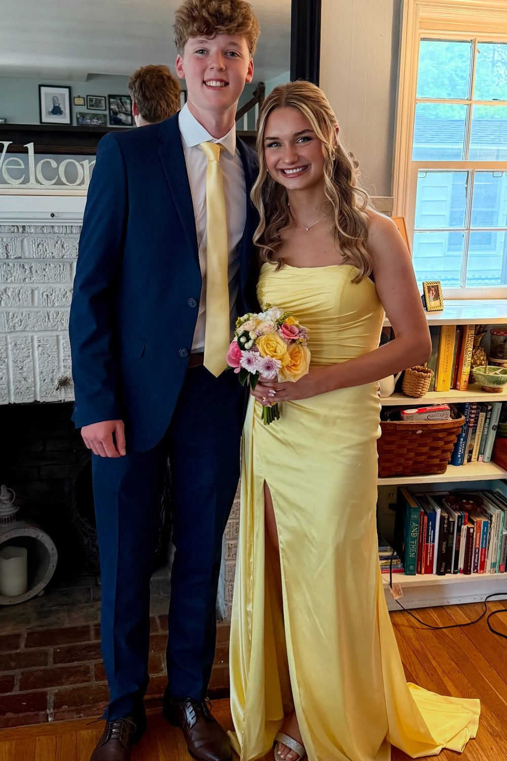 Strapless Yellow Ruched Mermaid Long Dress with Slit