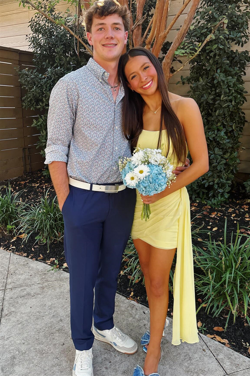 Strapless Yellow Ruched Short Dress with Shawl