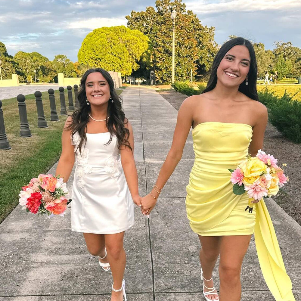 
                      
                        Strapless Yellow Ruched Short Dress with Side Train
                      
                    