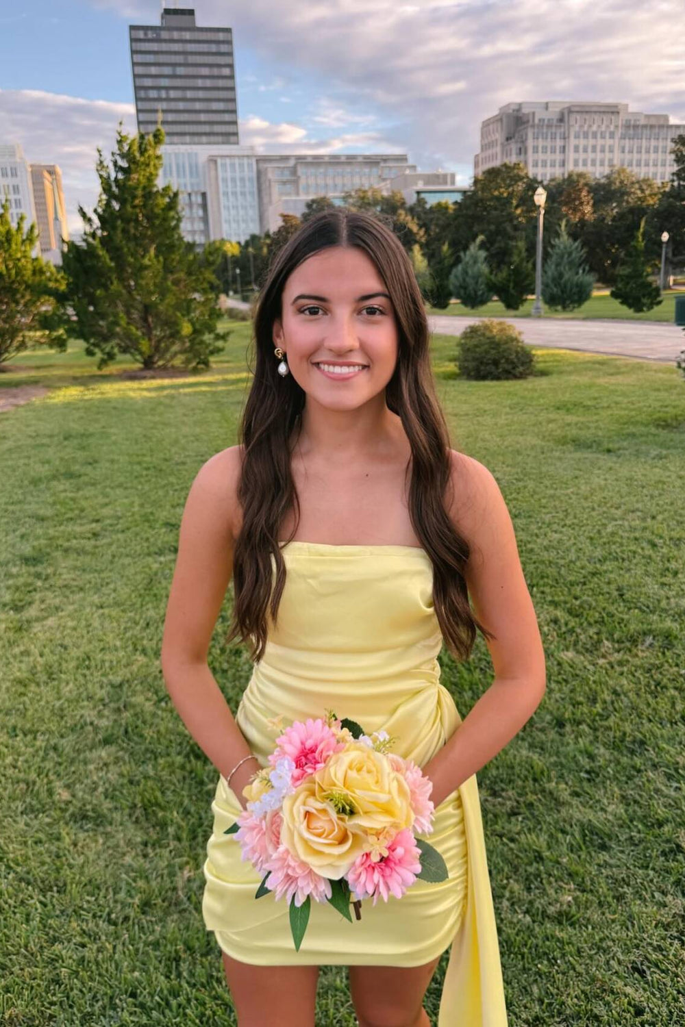 Strapless Yellow Ruched Short Dress with Side Train