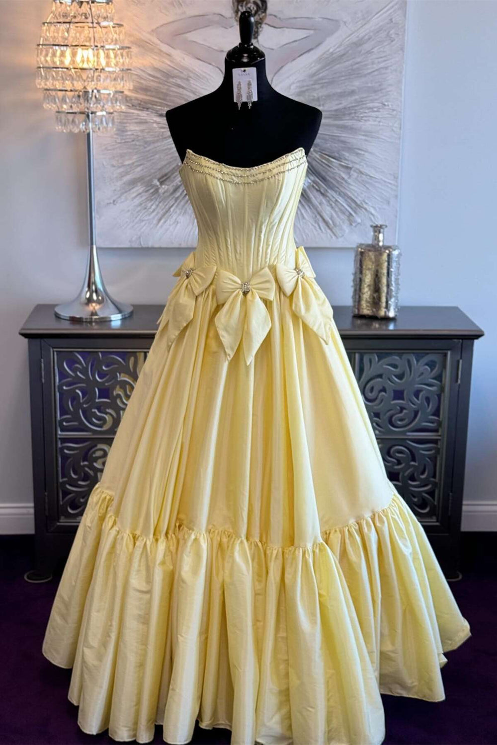 Strapless Yellow Ruffle Long Dress with Bow