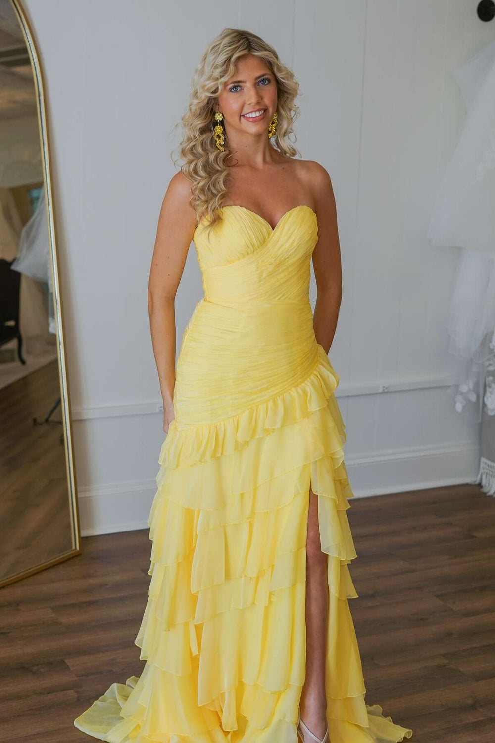 Strapless Yellow Ruffle Tiered Long Dress with Slit