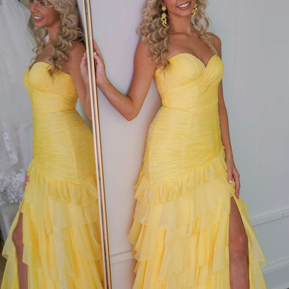 
                      
                        Strapless Yellow Ruffle Tiered Long Dress with Slit
                      
                    