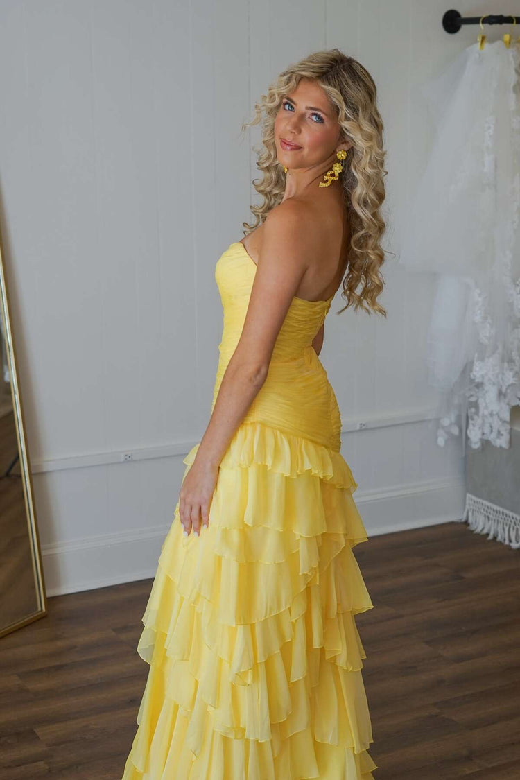 Yellow A Line Strapless Basque Waist Long Prom Dress with Tiered Ruffled Slit Skirt