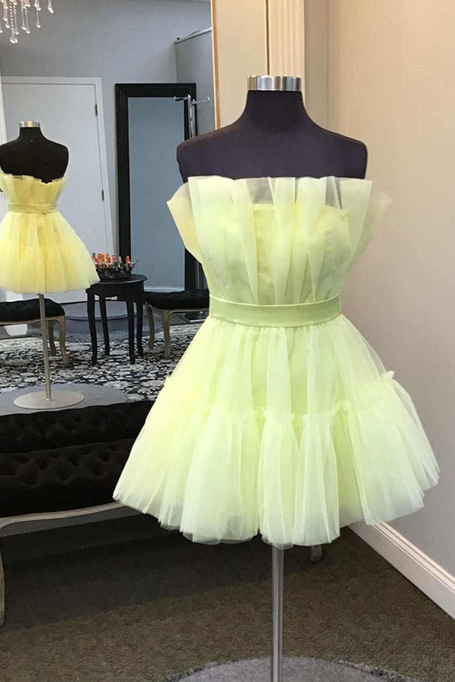 Strapless Yellow Ruffle Tulle Short Dress