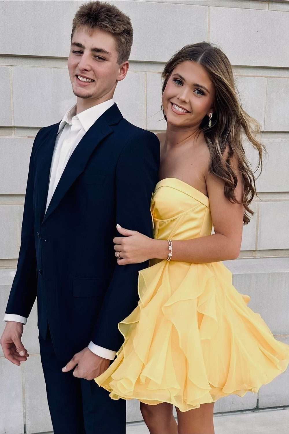 Strapless Yellow Ruffled Short Short Dress with Bow