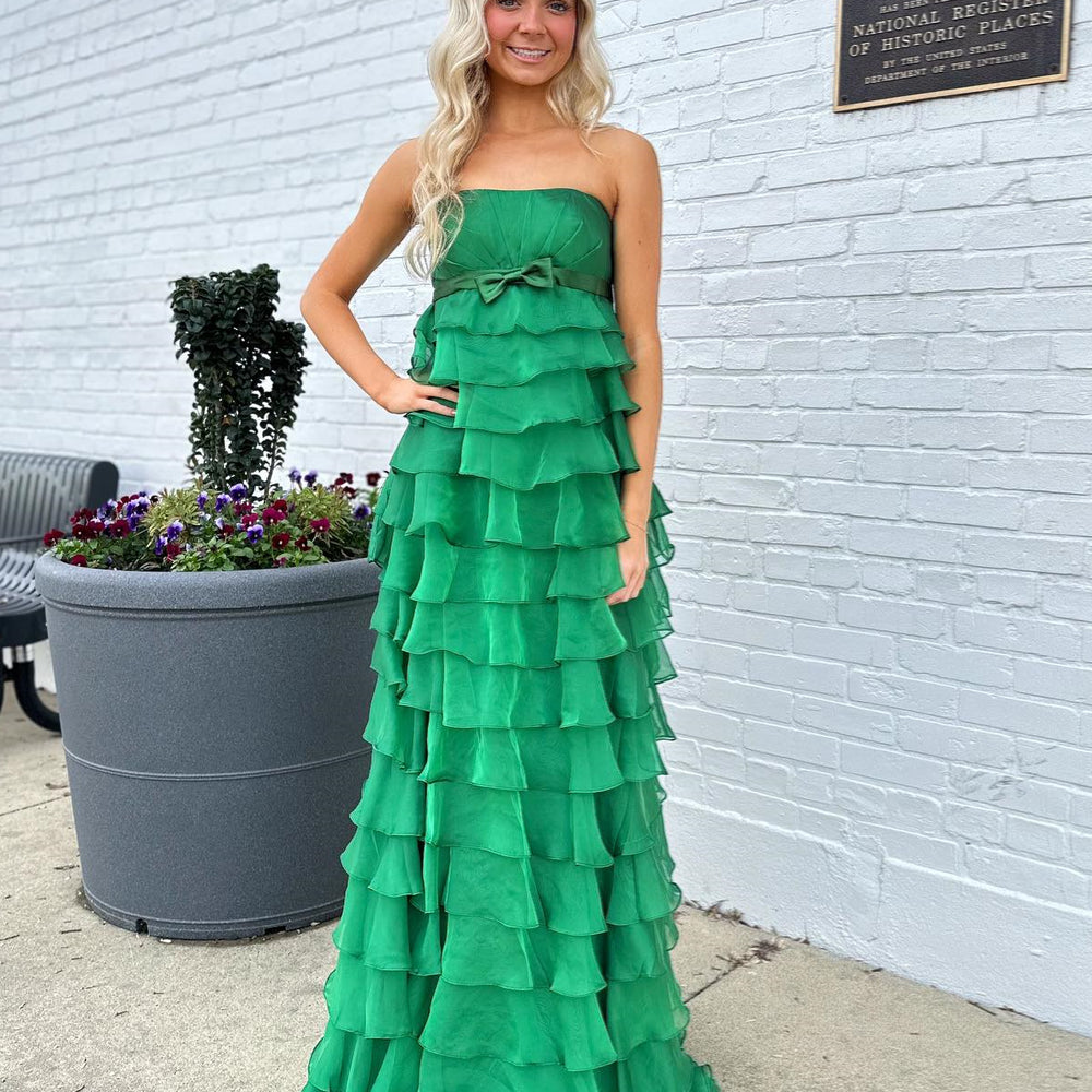 
                      
                        Strapless Yellow Tiered A-line Chiffon Long Dress
                      
                    