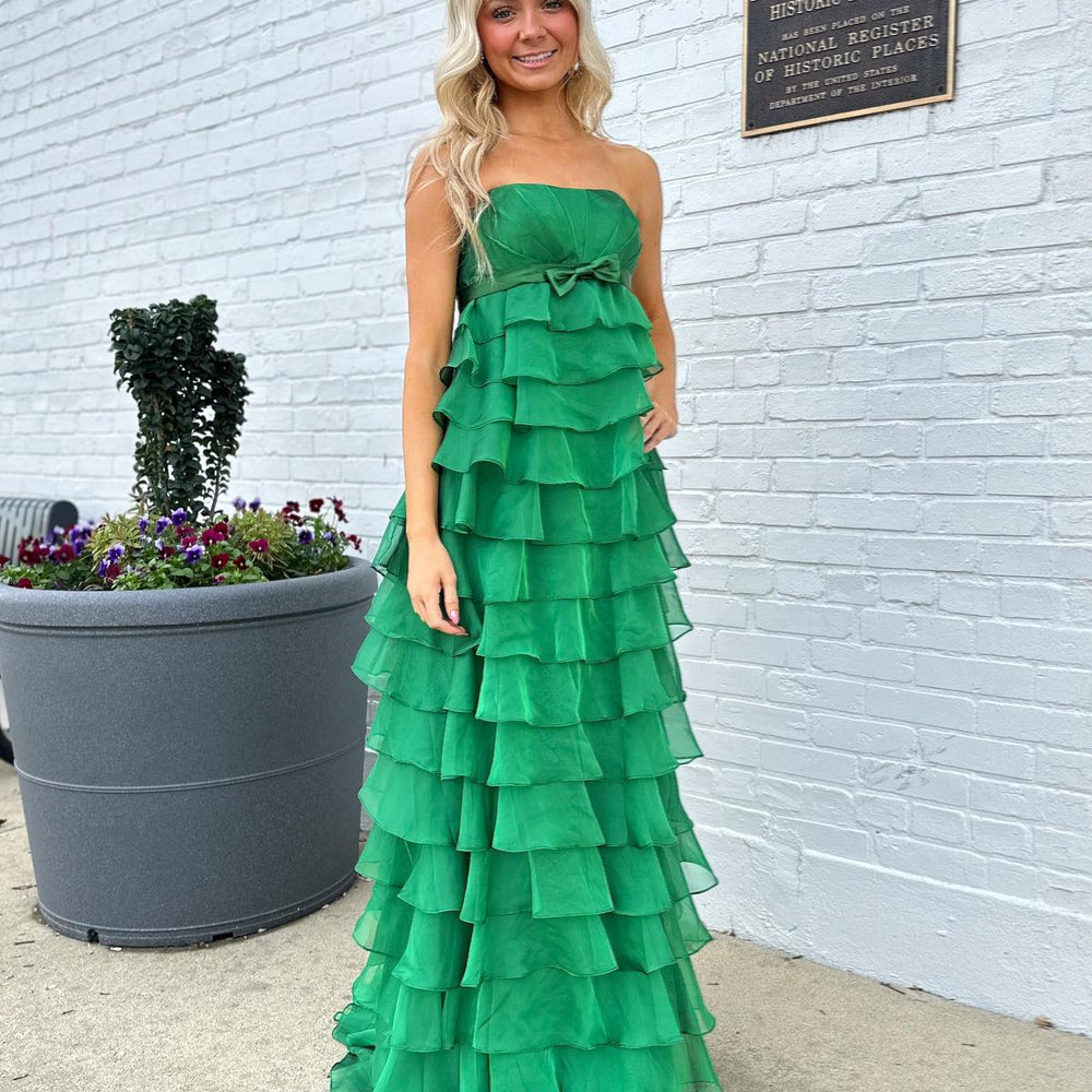 
                      
                        Strapless Yellow Tiered A-line Chiffon Long Dress
                      
                    