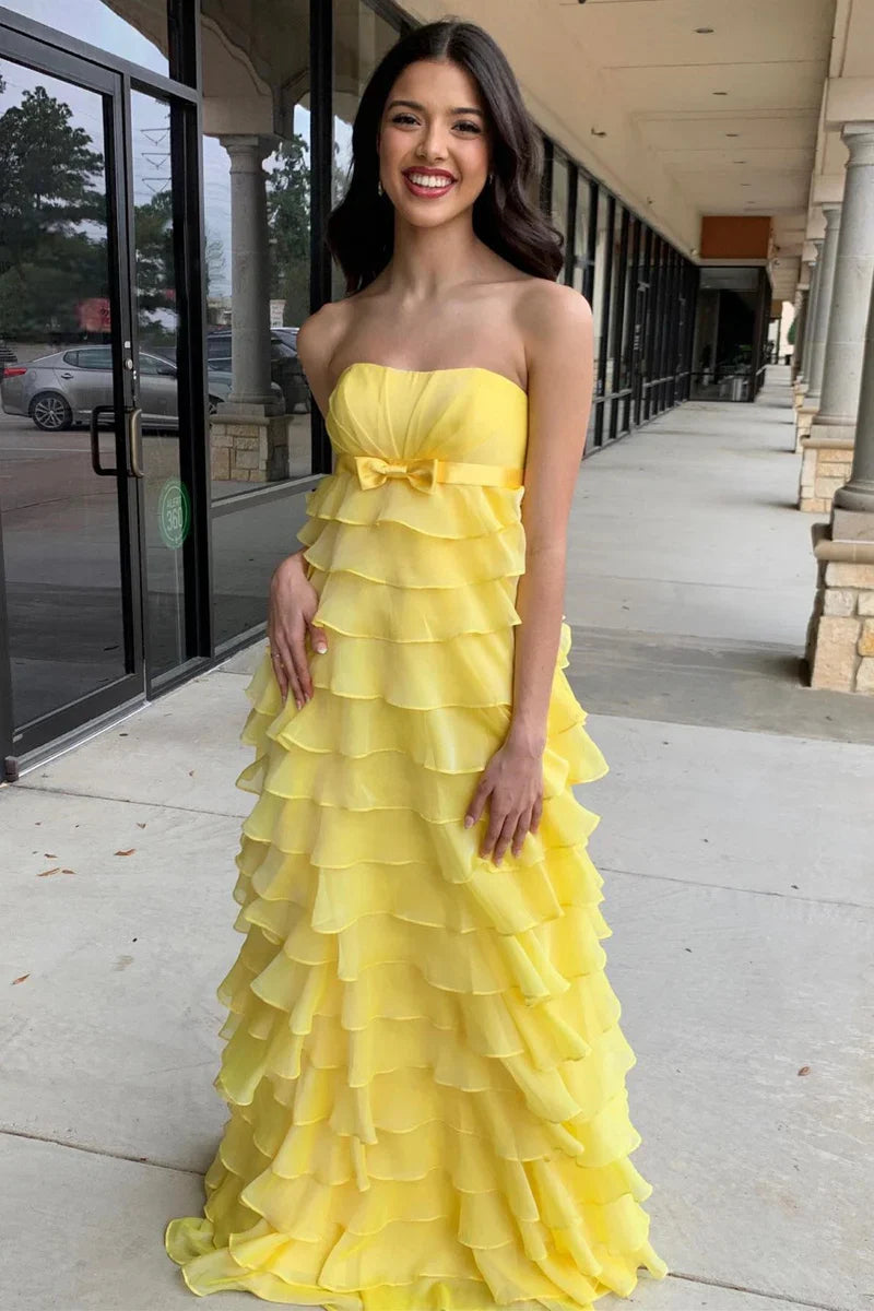 Strapless Yellow Tiered A-line Chiffon Long Dress