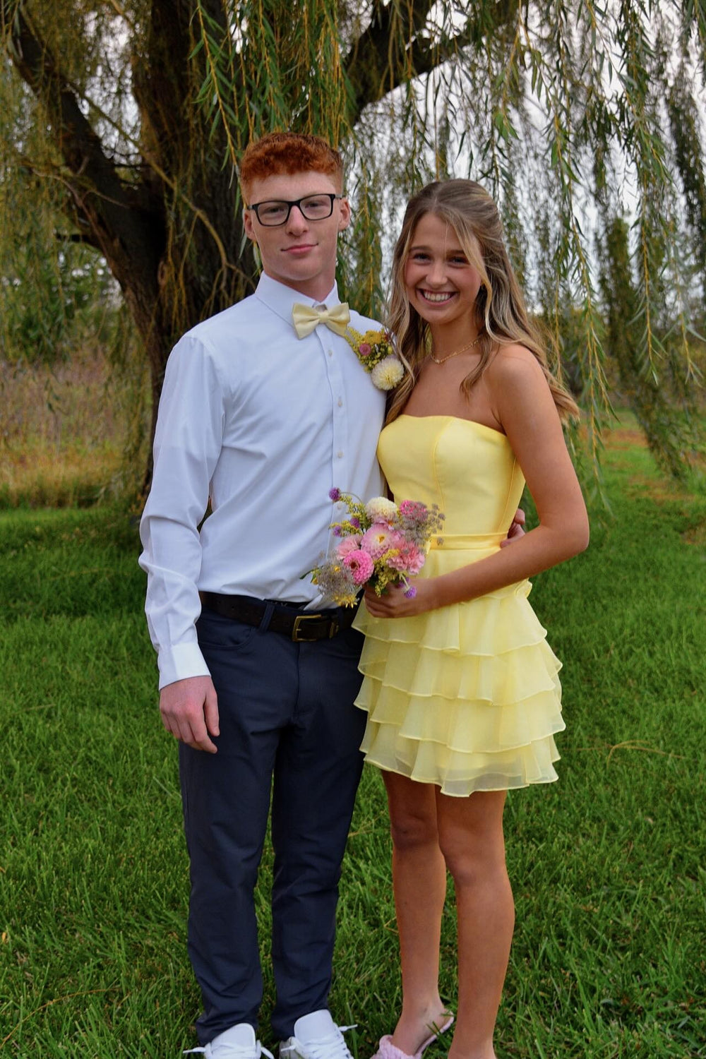 Strapless Yellow Tiered Short Dress with Bow