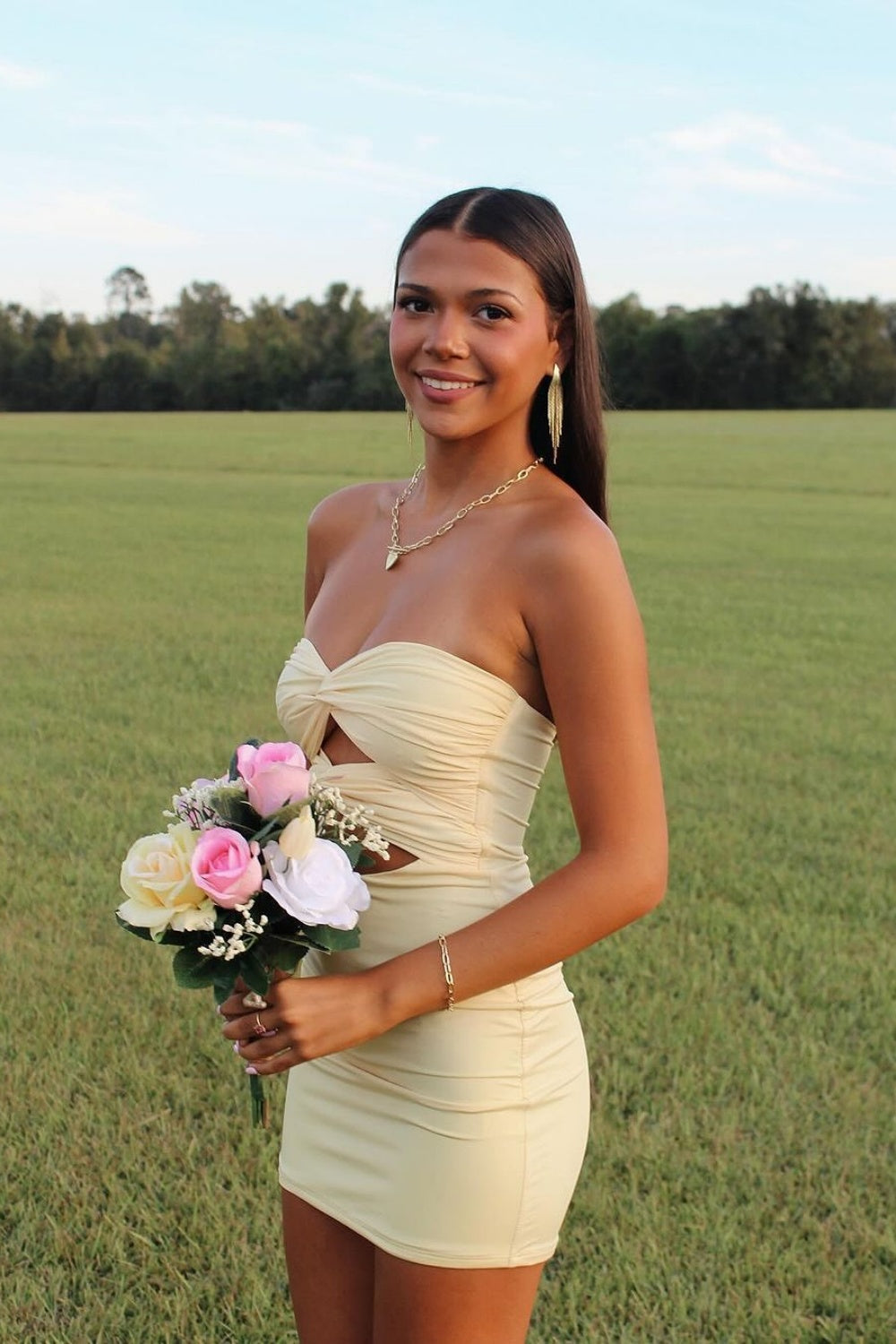 Strapless Yellow Twist Bodycon Short Dress