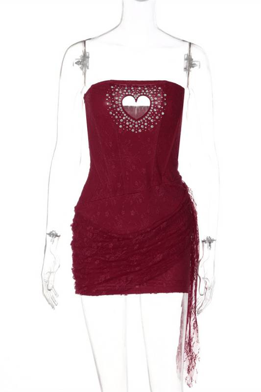 Strapless Apricot Hollow Heart Lace Short Dress