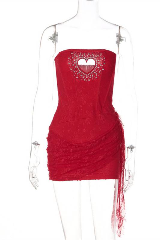 Strapless Apricot Hollow Heart Lace Short Dress