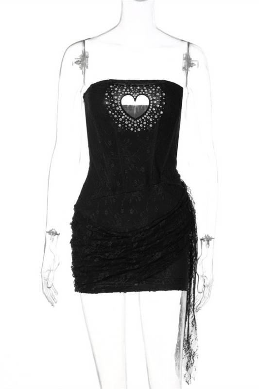 Strapless Apricot Hollow Heart Lace Short Dress