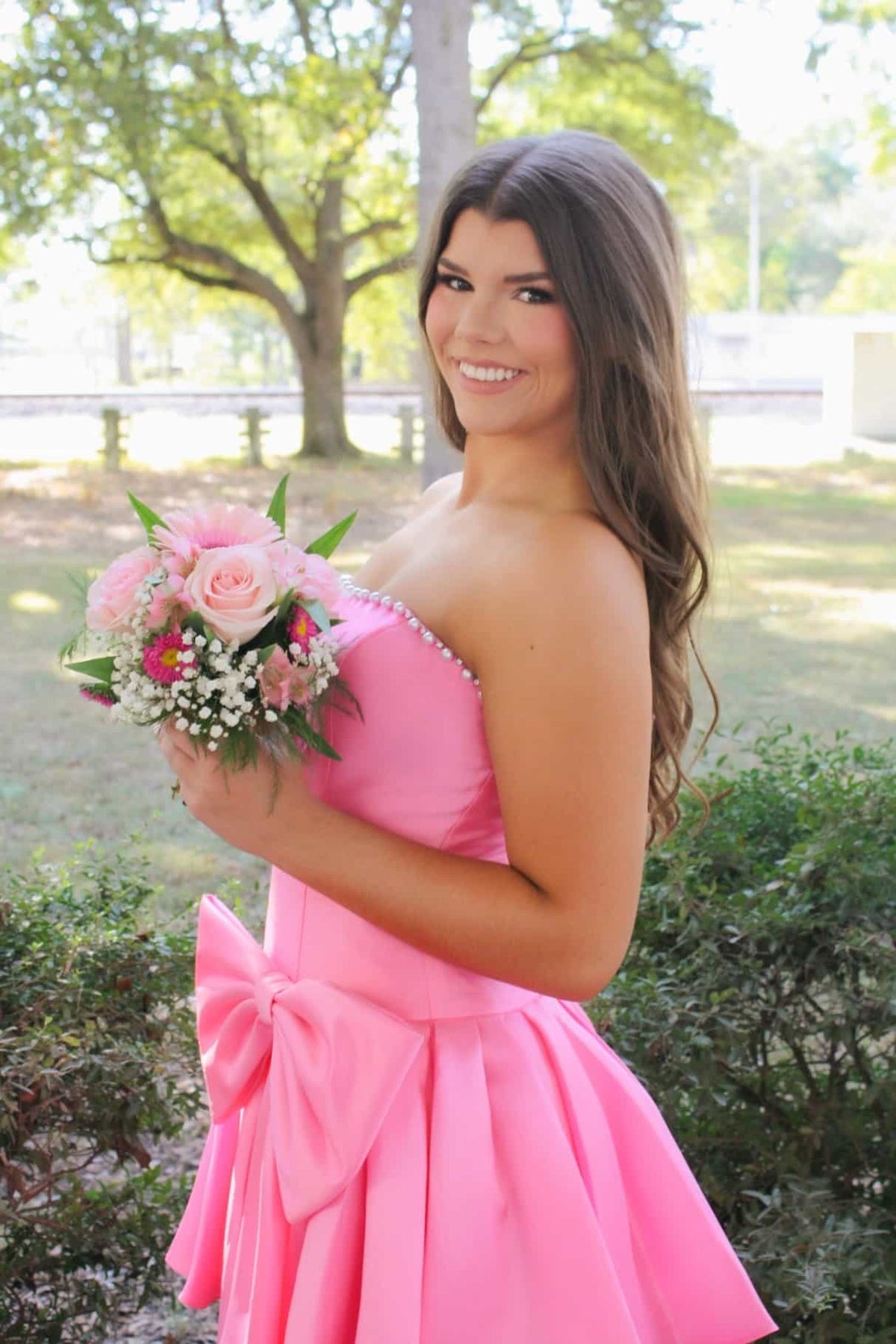 Strapless Aqua Bow Front Short Dress With Pearls