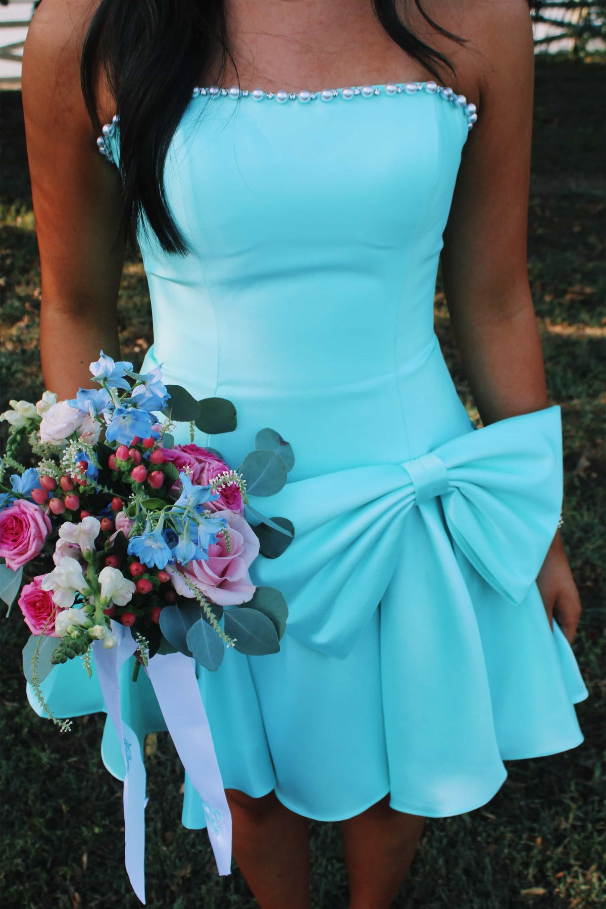 Strapless Aqua Bow Front Short Dress With Pearls