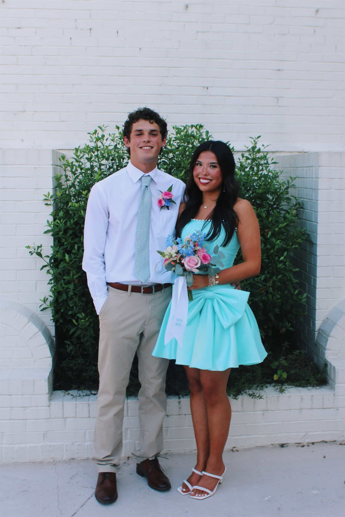 Strapless Aqua Bow Front Short Dress With Pearls