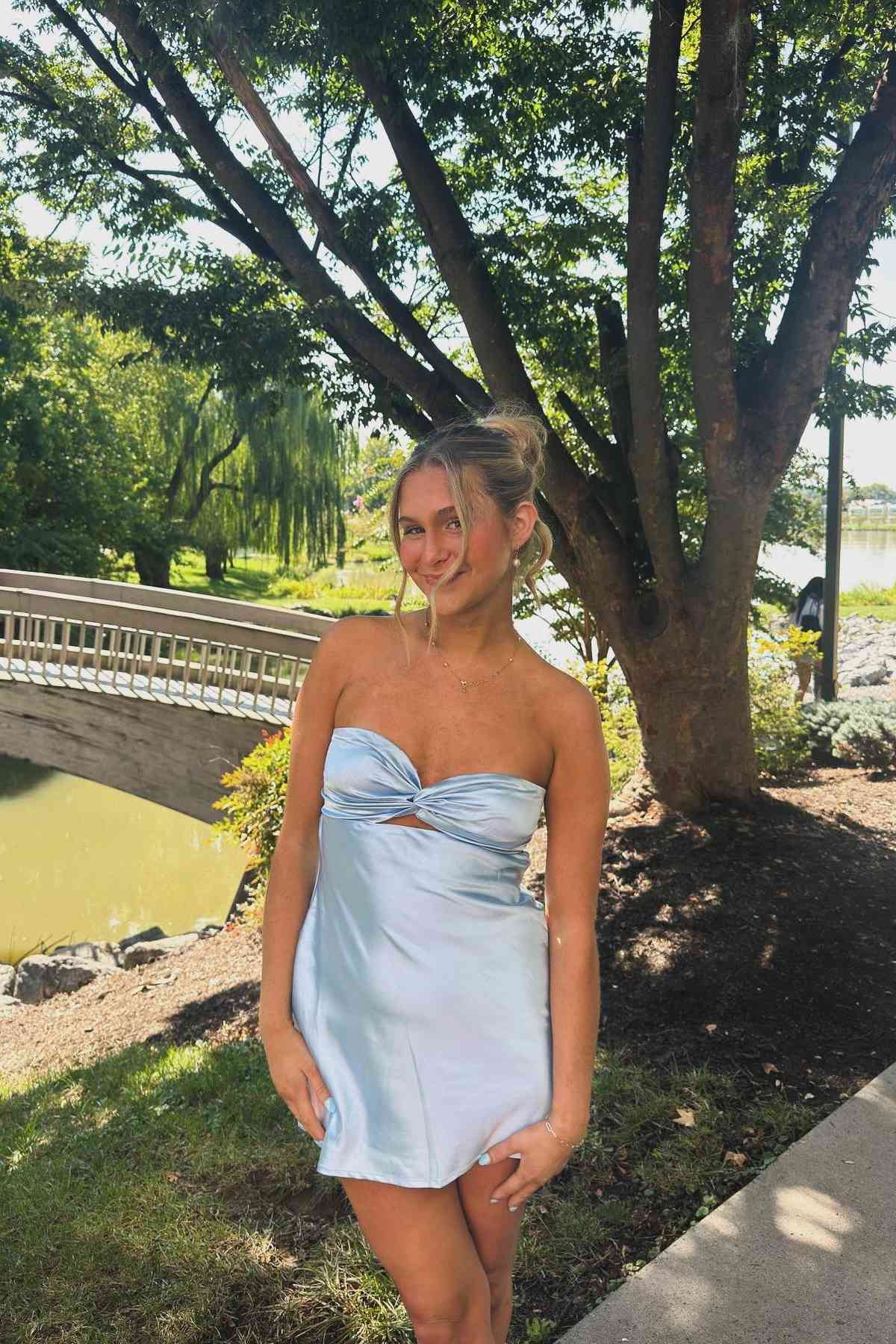 Strapless Aqua Twist Short Dress with Keyhole
