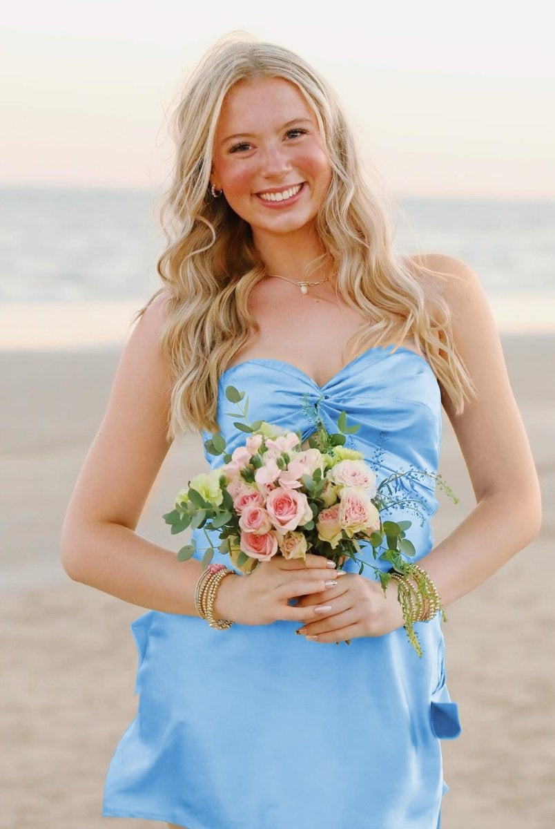 Strapless Aqua Twist Short Dress with Keyhole