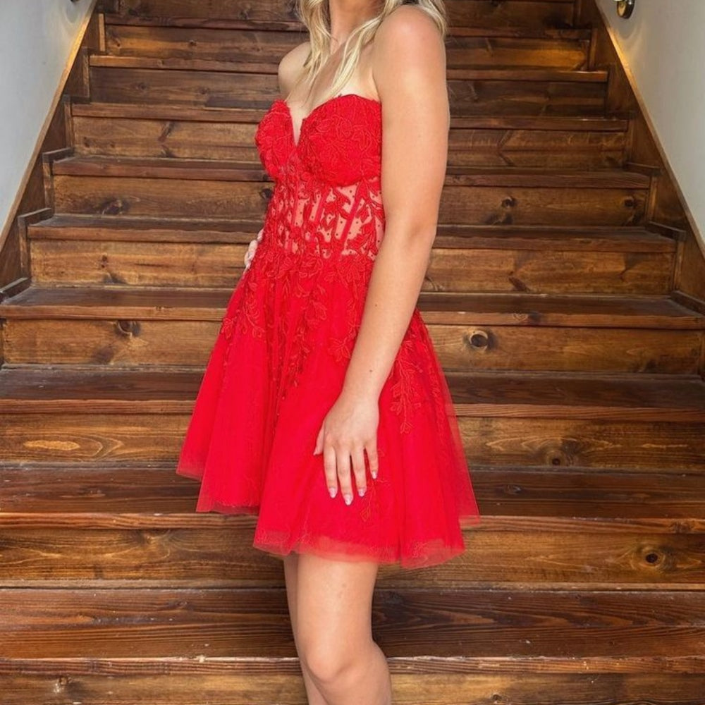 
                      
                        Strapless Black Appliques A-line Short Dress
                      
                    