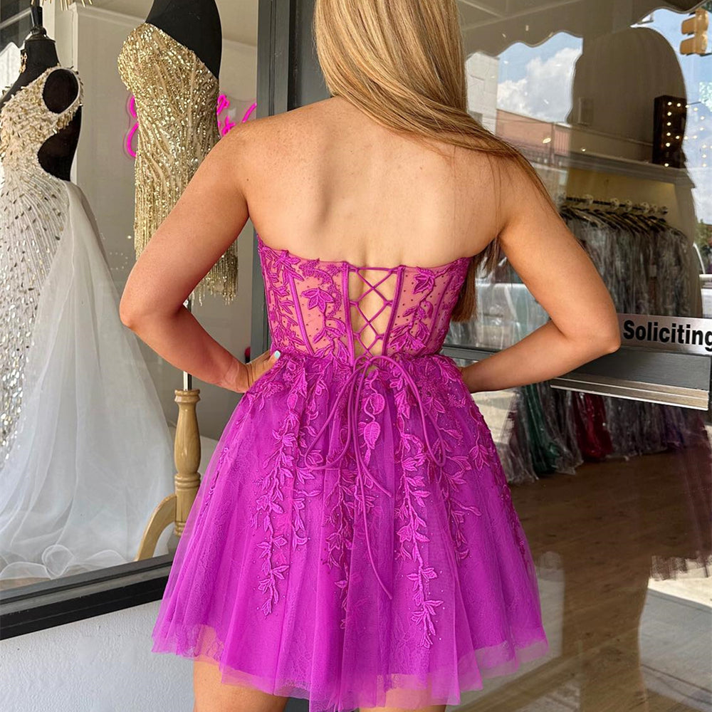 
                      
                        Strapless Black Appliques A-line Short Dress
                      
                    