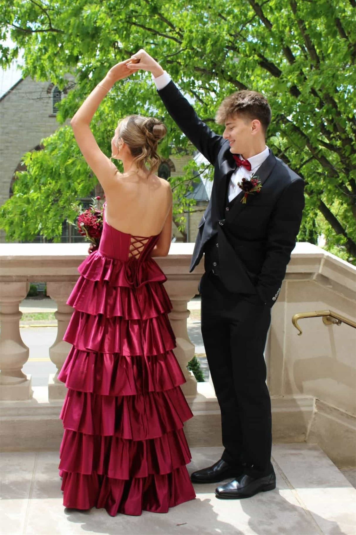 Strapless Black Beaded Tiered Long Dress with Slit