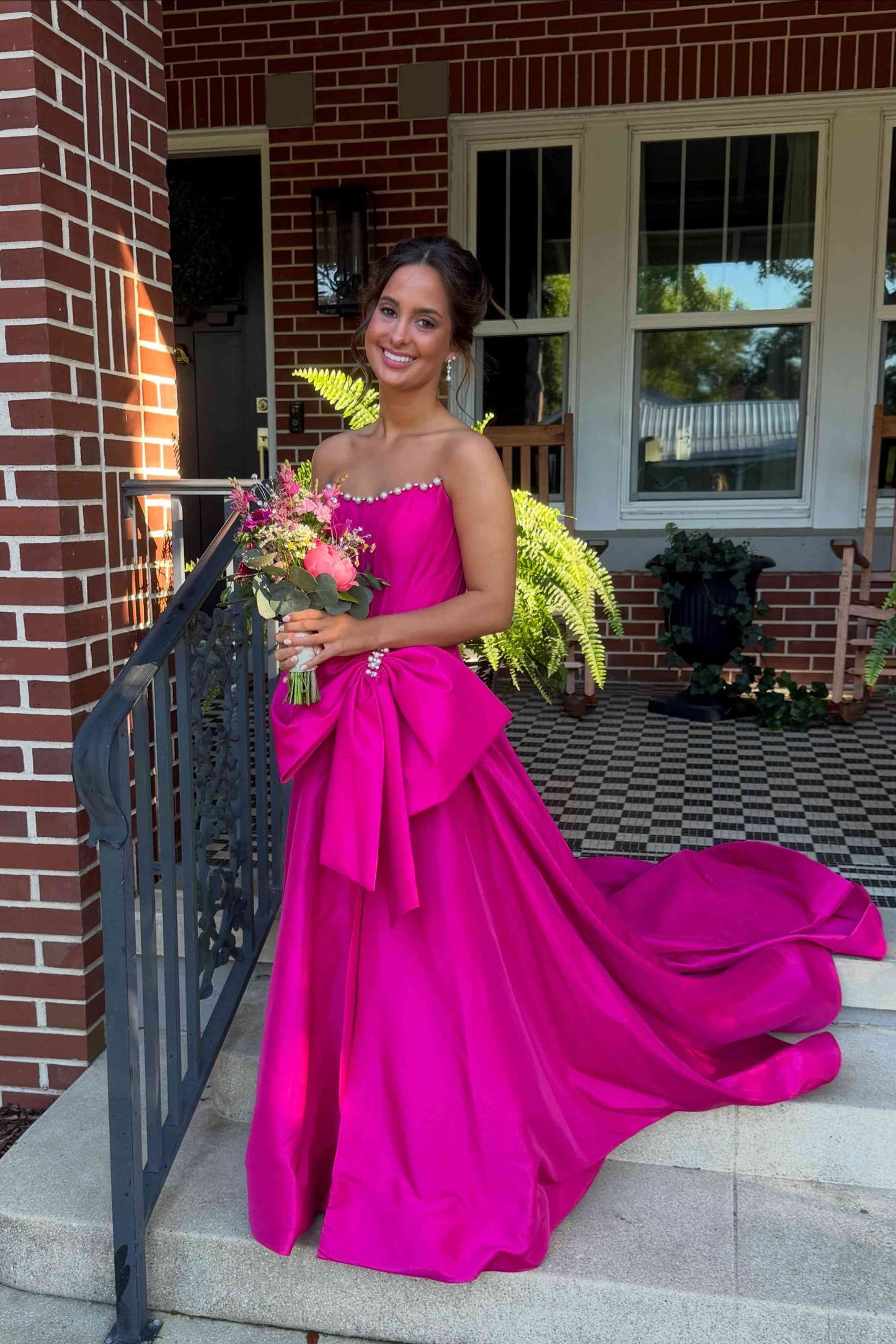 Strapless Black Bow Front Long Dress with Slit