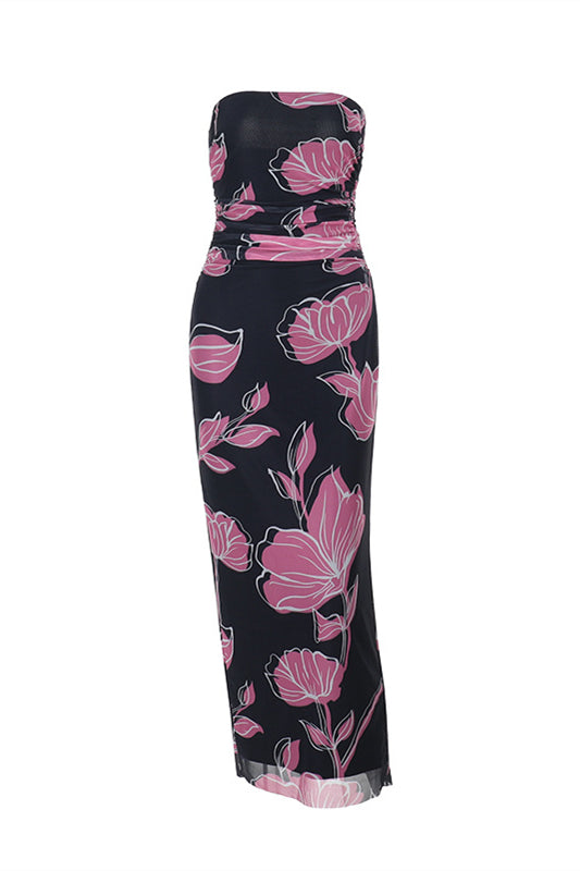 Strapless Black Floral Print Sheath Long Dress