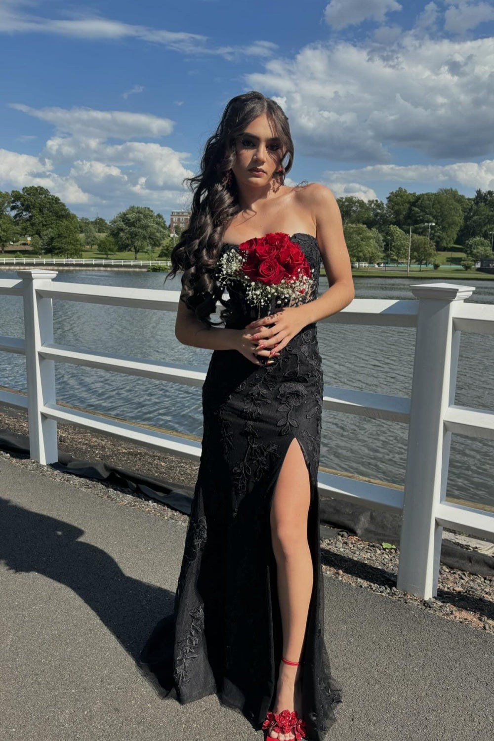 Strapless Yellow Lace Appliques Long Prom Dress